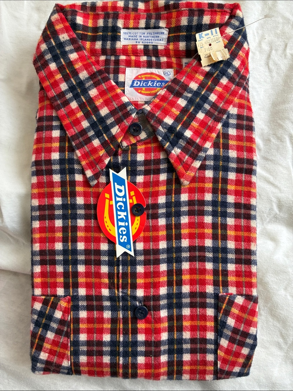 Dickies Men's Red, Navy & White Plaid Button-Down Shirt, vintage, NWT